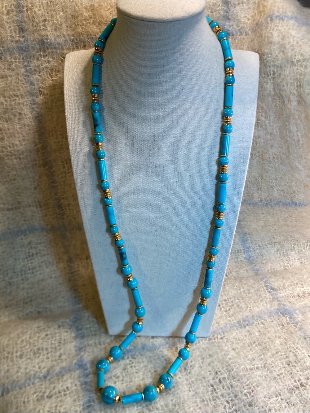 Vintage Turquoise Blue Beaded Necklace 32” Gold Tone Long Statement